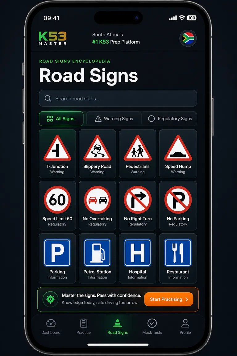 Efficient K53 road signs encyclopedia grid showing warning, regulatory and information signs